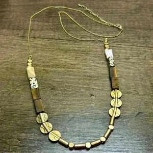 Gold Tone Polished Wood and Stone Long Necklace